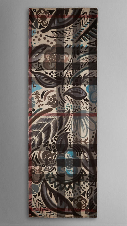 Burberry Floral Design Check Cashmere Scarf 