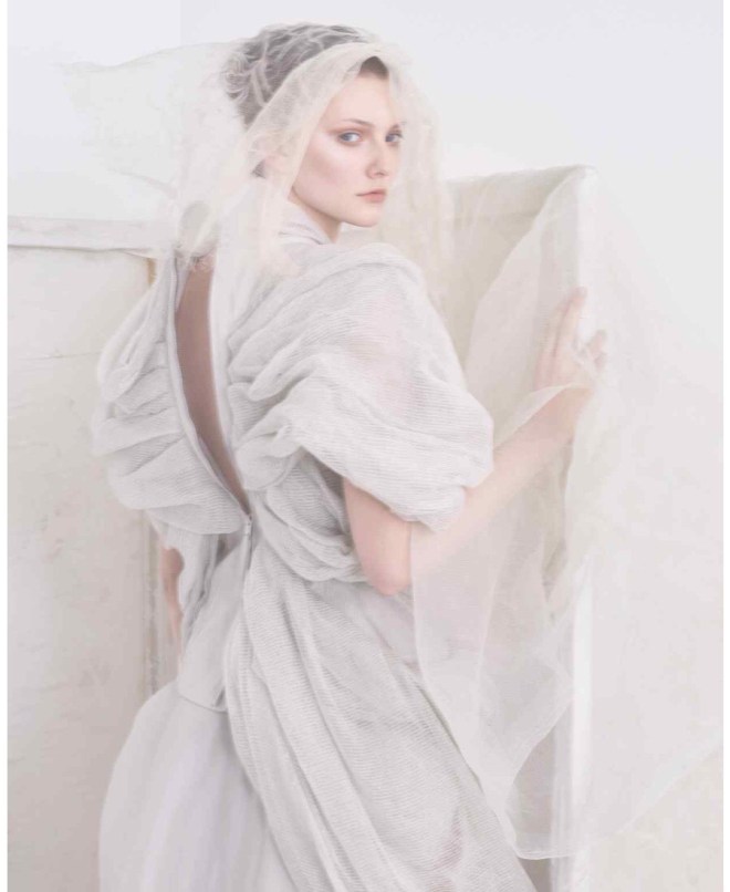 Credits: FT How To Spend It. Photography: Damian Foxe. Description: Rick Owens linen/cotton top, £1,535, and silk skirt, £1,856. Veil, stylist’s own