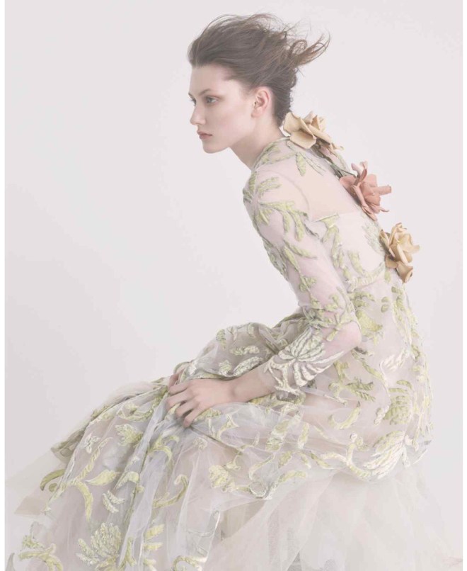 Credits: FT How To Spend It. Photography: Damian Foxe. Description: Valentino silk tulle and velvet embroidered dress, £13,285. VV Rouleaux cotton roses, £20 each