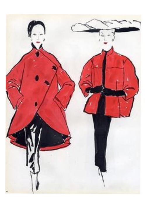 Schiaparelli and Balenciaga illustrated by Bernard Blossac, 1952