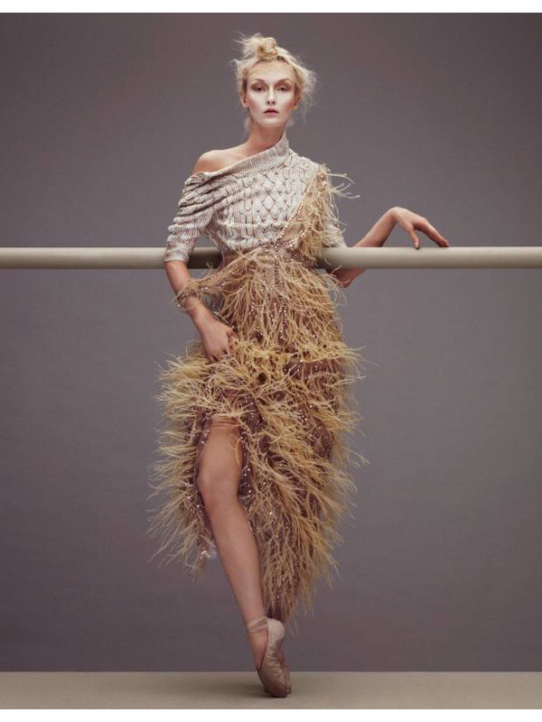 From the FT"s HTSI: Alexa wears Jenny Packham beaded stretch crepe blouse, £1,680. Oscar de la Renta silk organza gown with feather and crystal embroidery, £7,175. Repetto cotton ballet shoes, £19 | Image: Andrew Yee