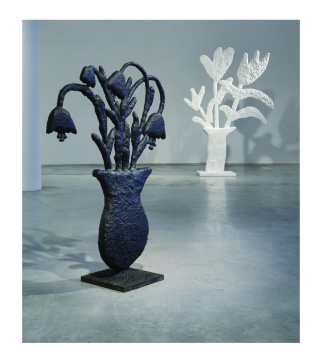 Donald Baechler, Three Tulips, 2011; plywood, plaster and papier-mâché (back); and Untitled (Flowers), 2003-2004; bronze (front); image courtesy the artist and Fisher Landau Center for Art.