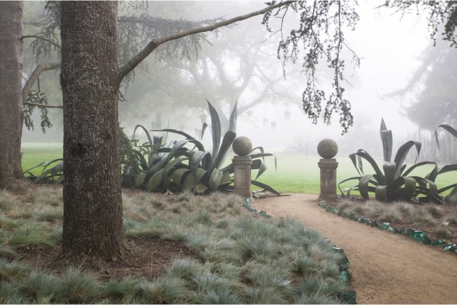 Book: Dreamscapes with Photography by Claire Takacs. Lotusland: In the Blue Garden, chunks of blue-green glass separate the pathway from blue fescue, Festuca glauca, beneath blue Atlas cedars.