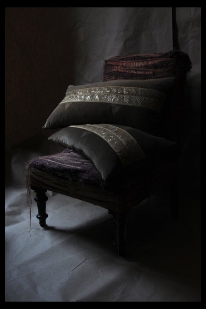 Early A pair 20th Century metal threadwork ribbon with hand embroidered cushions on hand dyed velvet. Images courtesy & © 2018 Kirsten Hecktermann.